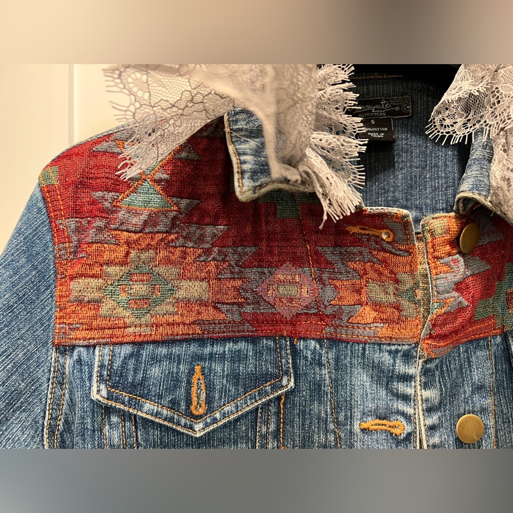 Clearwater Outfitters Ragdoll Jean Jacket Red Embroidery Gray Lace Small - Picture 5 of 6